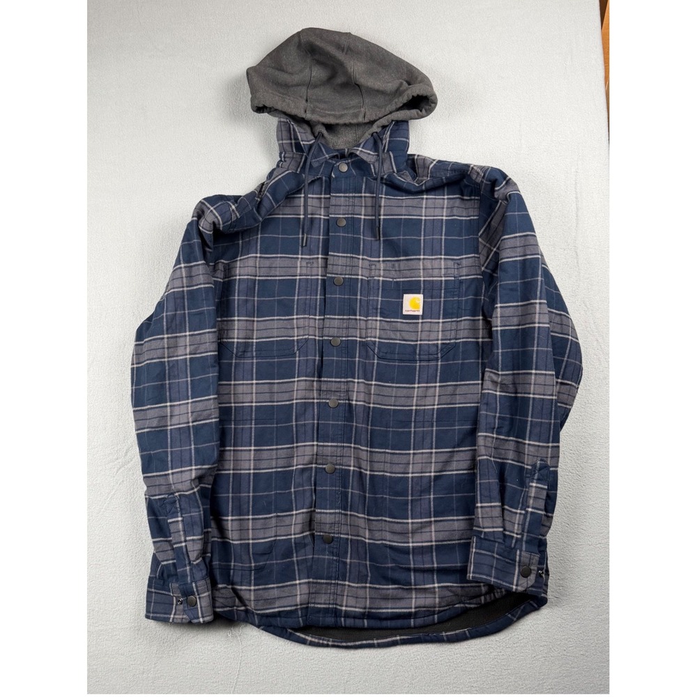 Carhartt Mens Plaid Fleece Lined Hooded Shirt Jacket Navy Grey TJ5621-M Medium